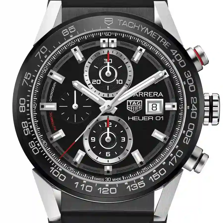 black and stick dial of the TAG Carrera Black Rubber Replica