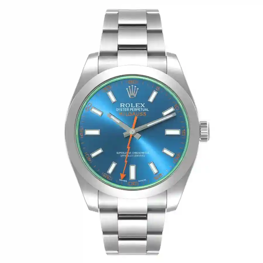 rolex-milgauss-blue-dial-green-crystal-steel-replica-116400 Rolex Milgauss Blue Replica