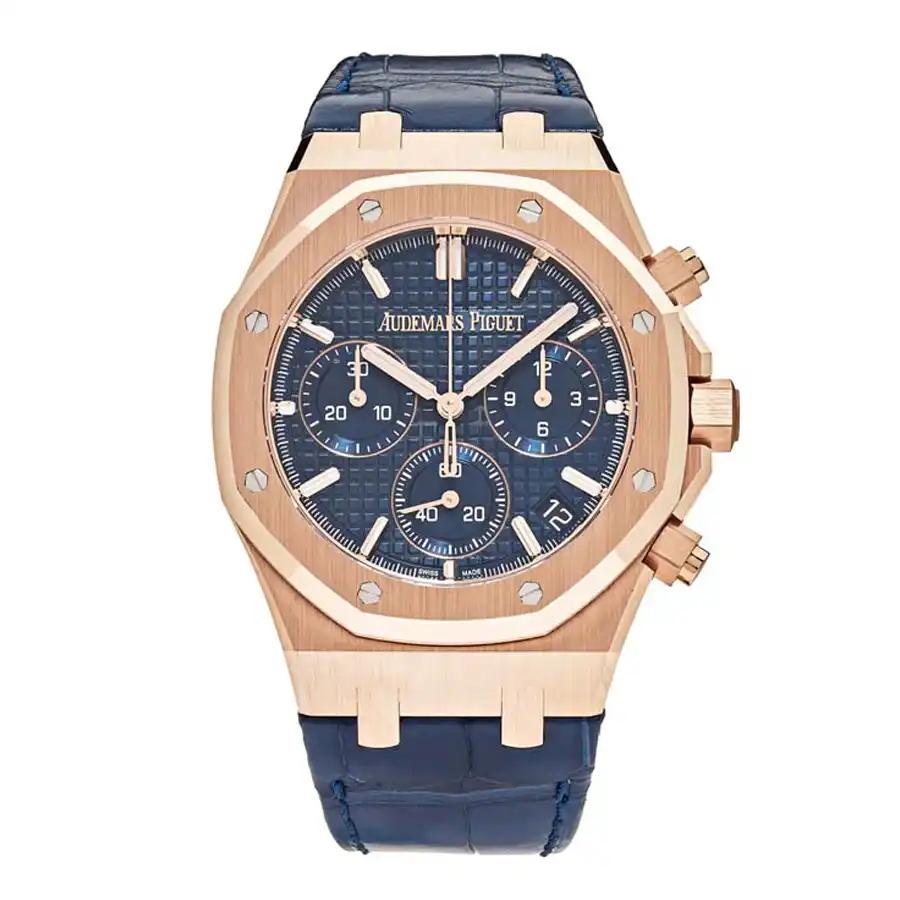 AudemarsPiguetRoyalOakChronograph_50thAnniversary_RoseGoldBlueDial26240OR.OO.D315CR Audemars Piguet Blue Leather Replica